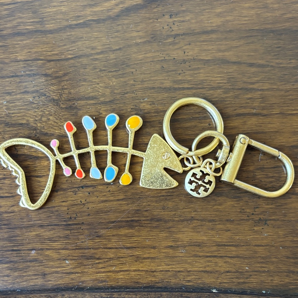 TORY BURCH gold tone Fishbone Keychain with Colorful Enamel Accents